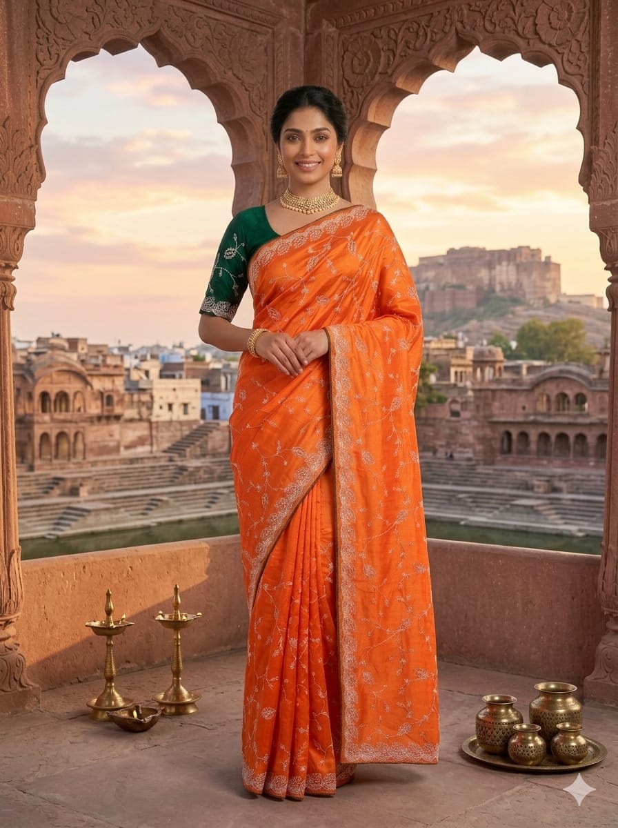 The Orange Vine Embroidered Saree