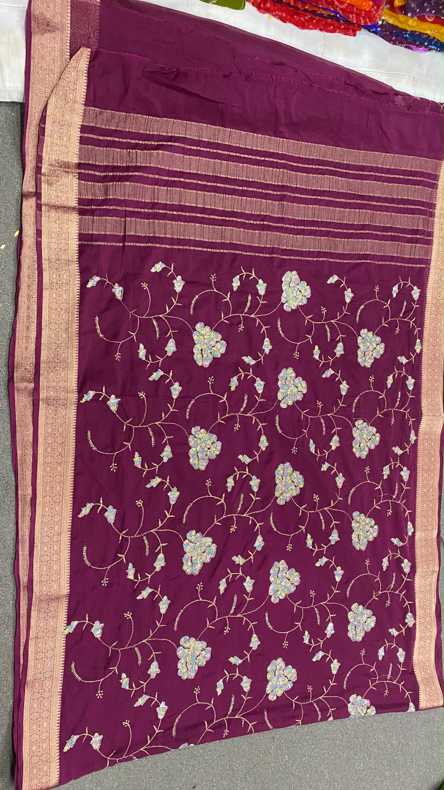 The Crimson Leaf Appliqué Saree detail