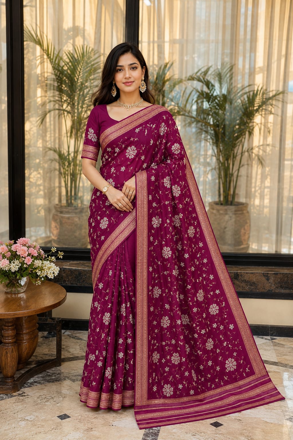 The Crimson Leaf Appliqué Saree
